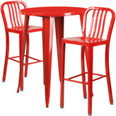 Brad Commercial Grade 30" Round Red Metal Indoor-Outdoor Bar Table Set with 2 Vertical Slat Back Stools