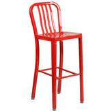Brad Commercial Grade 30" Round Red Metal Indoor-Outdoor Bar Table Set with 2 Vertical Slat Back Stools