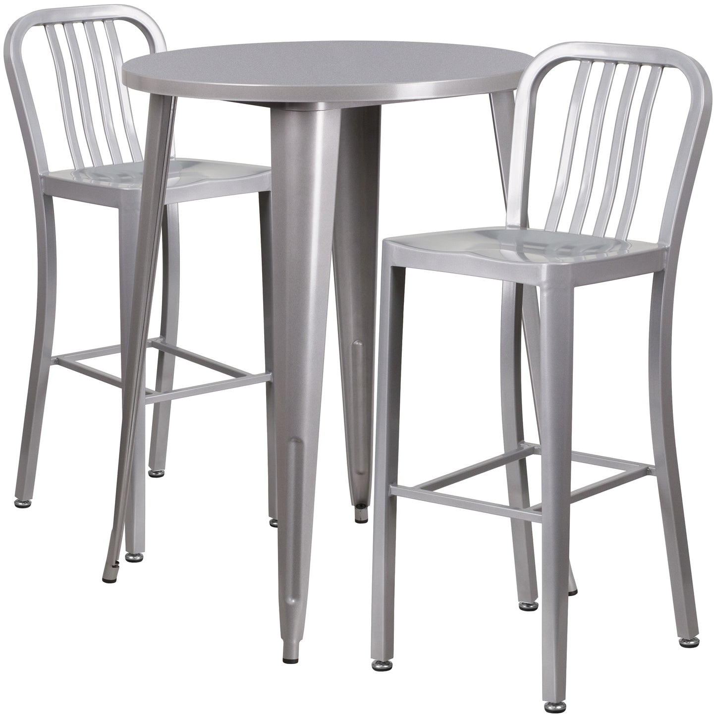 Brad Commercial Grade 30" Round Silver Metal Indoor-Outdoor Bar Table Set with 2 Vertical Slat Back Stools