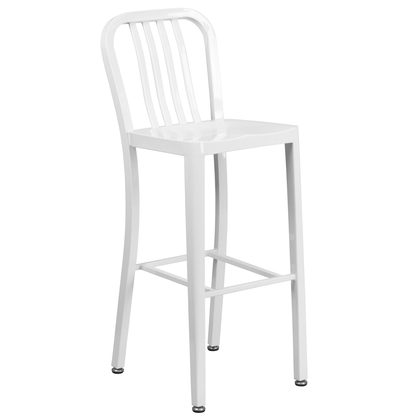 Brad Commercial Grade 30" Round White Metal Indoor-Outdoor Bar Table Set with 2 Vertical Slat Back Stools