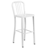 Brad Commercial Grade 30" Round White Metal Indoor-Outdoor Bar Table Set with 2 Vertical Slat Back Stools