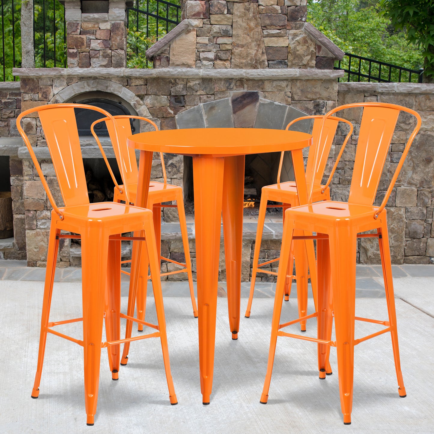 Callum Commercial Grade 30" Round Orange Metal Indoor-Outdoor Bar Table Set with 4 Cafe Stools