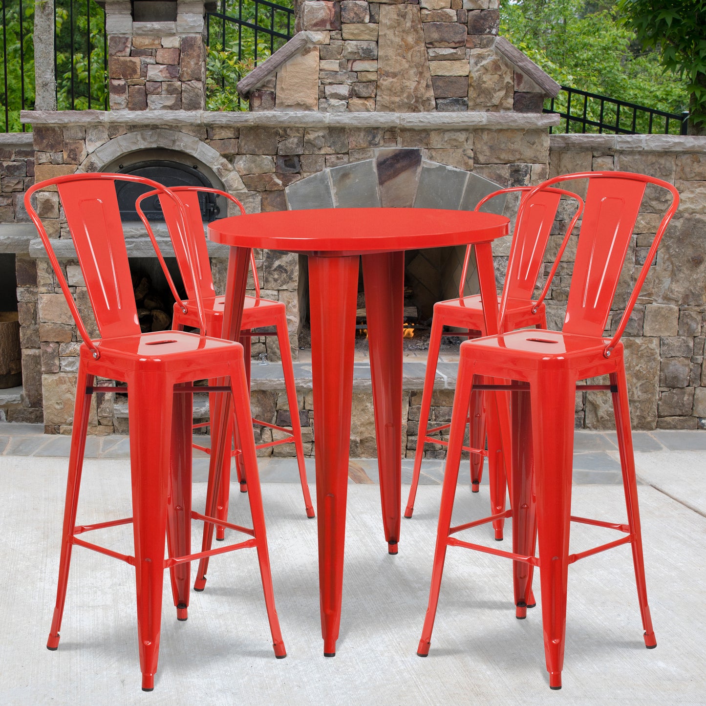 Callum Commercial Grade 30" Round Red Metal Indoor-Outdoor Bar Table Set with 4 Cafe Stools
