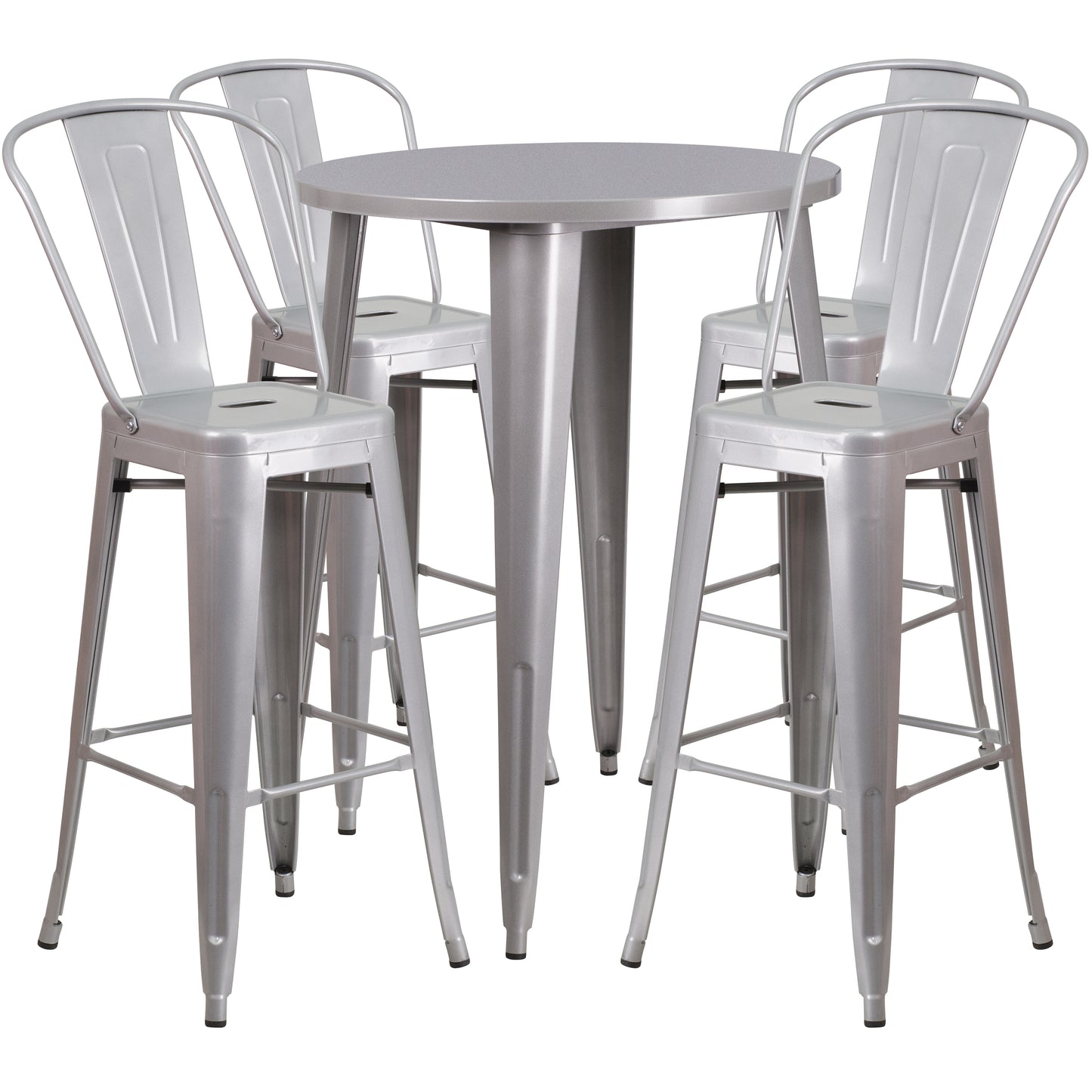 Callum Commercial Grade 30" Round Silver Metal Indoor-Outdoor Bar Table Set with 4 Cafe Stools