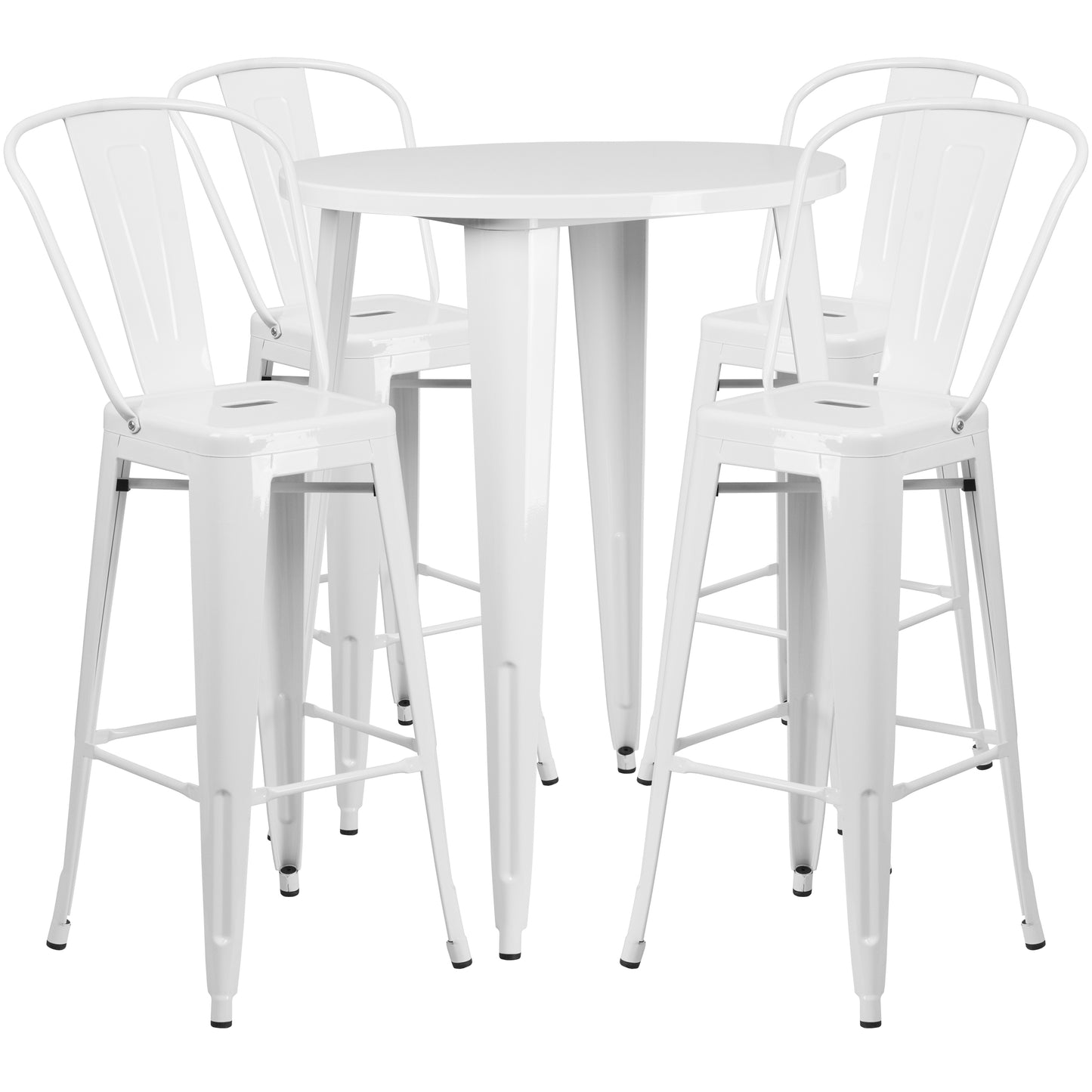 Callum Commercial Grade 30" Round White Metal Indoor-Outdoor Bar Table Set with 4 Cafe Stools