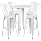 Callum Commercial Grade 30" Round White Metal Indoor-Outdoor Bar Table Set with 4 Cafe Stools