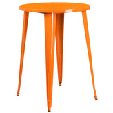 Coby Commercial Grade 30" Round Orange Metal Indoor-Outdoor Bar Table Set with 4 Square Seat Backless Stools