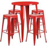 Coby Commercial Grade 30" Round Red Metal Indoor-Outdoor Bar Table Set with 4 Square Seat Backless Stools