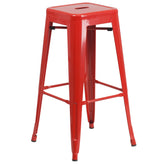 Coby Commercial Grade 30" Round Red Metal Indoor-Outdoor Bar Table Set with 4 Square Seat Backless Stools