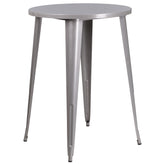Coby Commercial Grade 30" Round Silver Metal Indoor-Outdoor Bar Table Set with 4 Square Seat Backless Stools