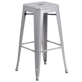 Coby Commercial Grade 30" Round Silver Metal Indoor-Outdoor Bar Table Set with 4 Square Seat Backless Stools