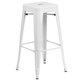 Coby Commercial Grade 30" Round White Metal Indoor-Outdoor Bar Table Set with 4 Square Seat Backless Stools
