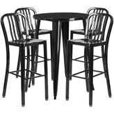 Tristan Commercial Grade 30" Round Black Metal Indoor-Outdoor Bar Table Set with 4 Vertical Slat Back Stools