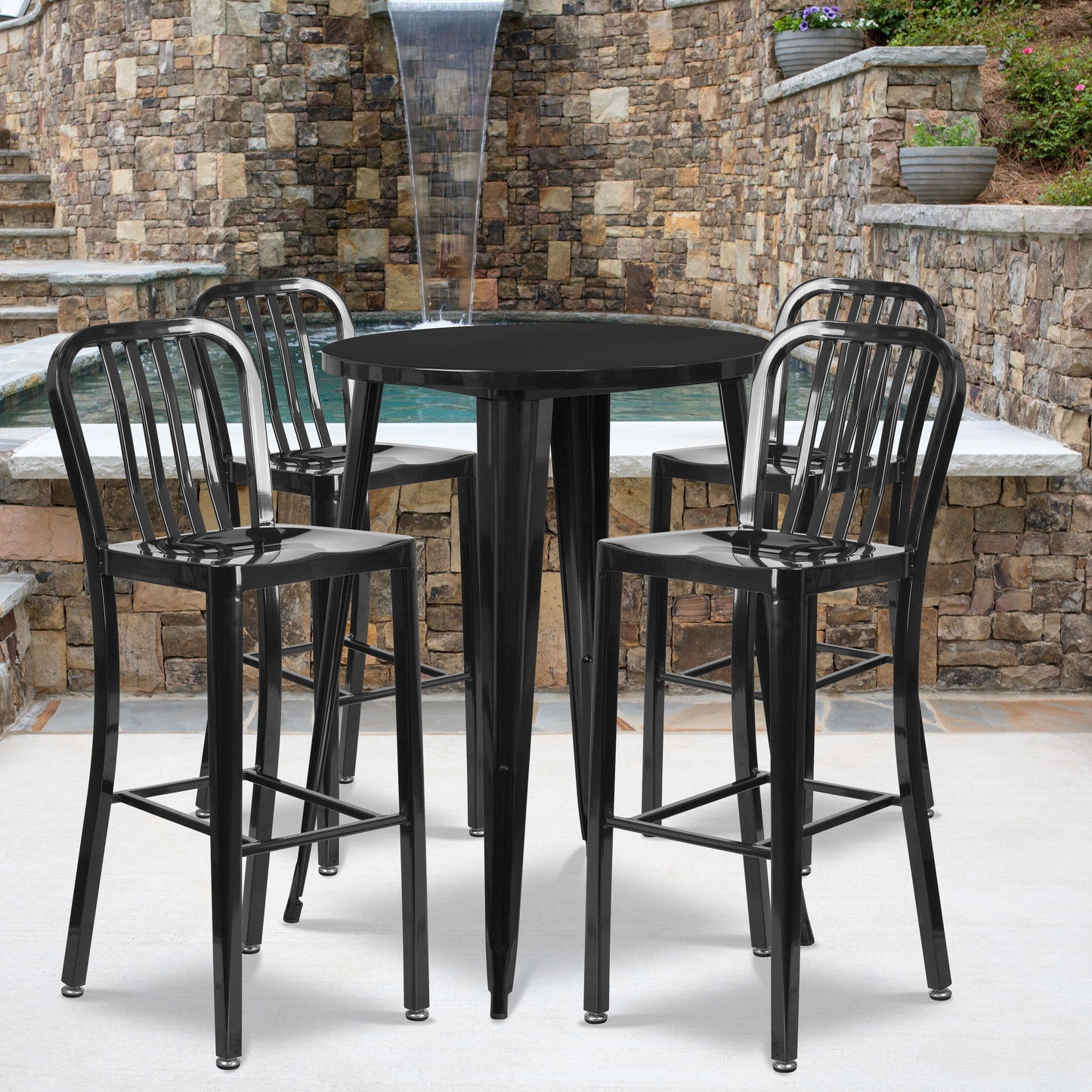 Tristan Commercial Grade 30" Round Black Metal Indoor-Outdoor Bar Table Set with 4 Vertical Slat Back Stools