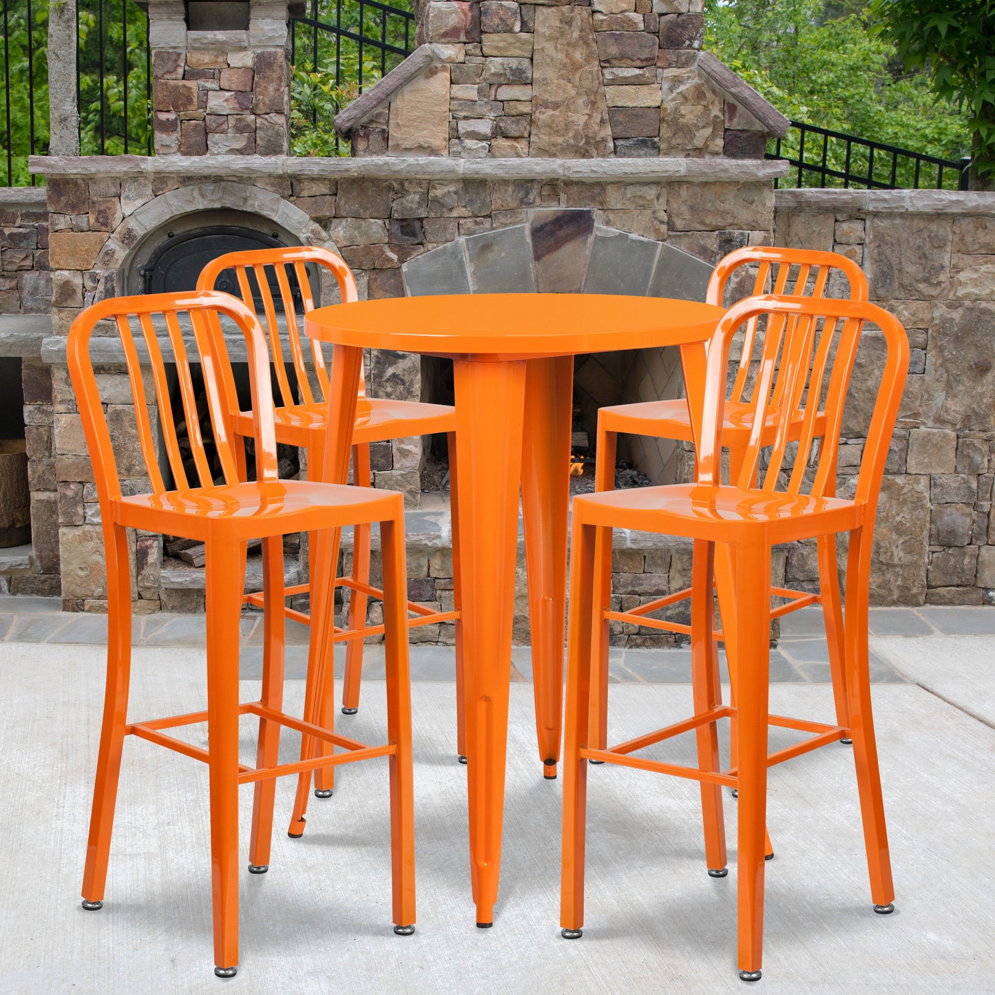 Tristan Commercial Grade 30" Round Orange Metal Indoor-Outdoor Bar Table Set with 4 Vertical Slat Back Stools