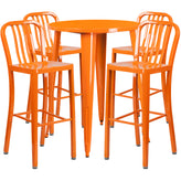 Tristan Commercial Grade 30" Round Orange Metal Indoor-Outdoor Bar Table Set with 4 Vertical Slat Back Stools