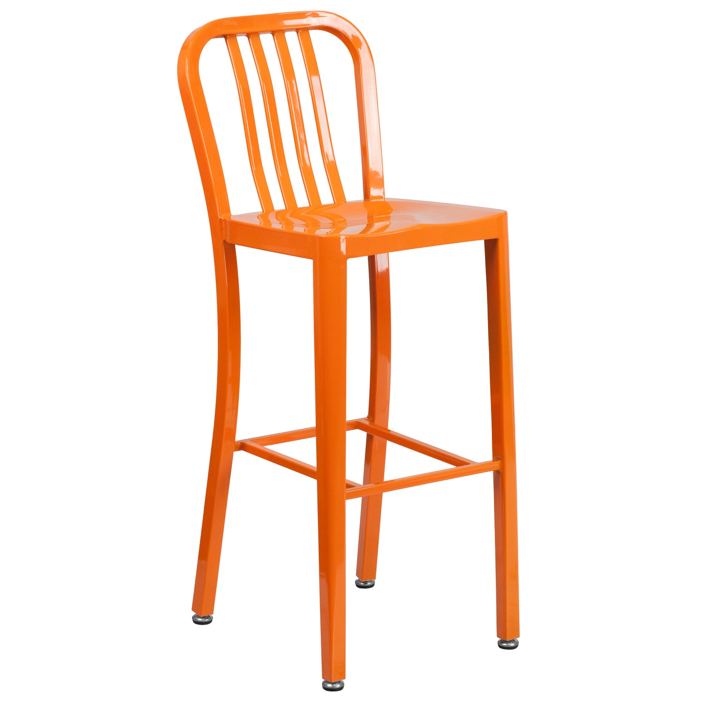 Tristan Commercial Grade 30" Round Orange Metal Indoor-Outdoor Bar Table Set with 4 Vertical Slat Back Stools