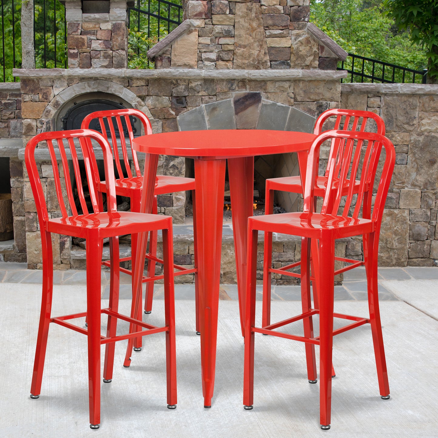 Tristan Commercial Grade 30" Round Red Metal Indoor-Outdoor Bar Table Set with 4 Vertical Slat Back Stools