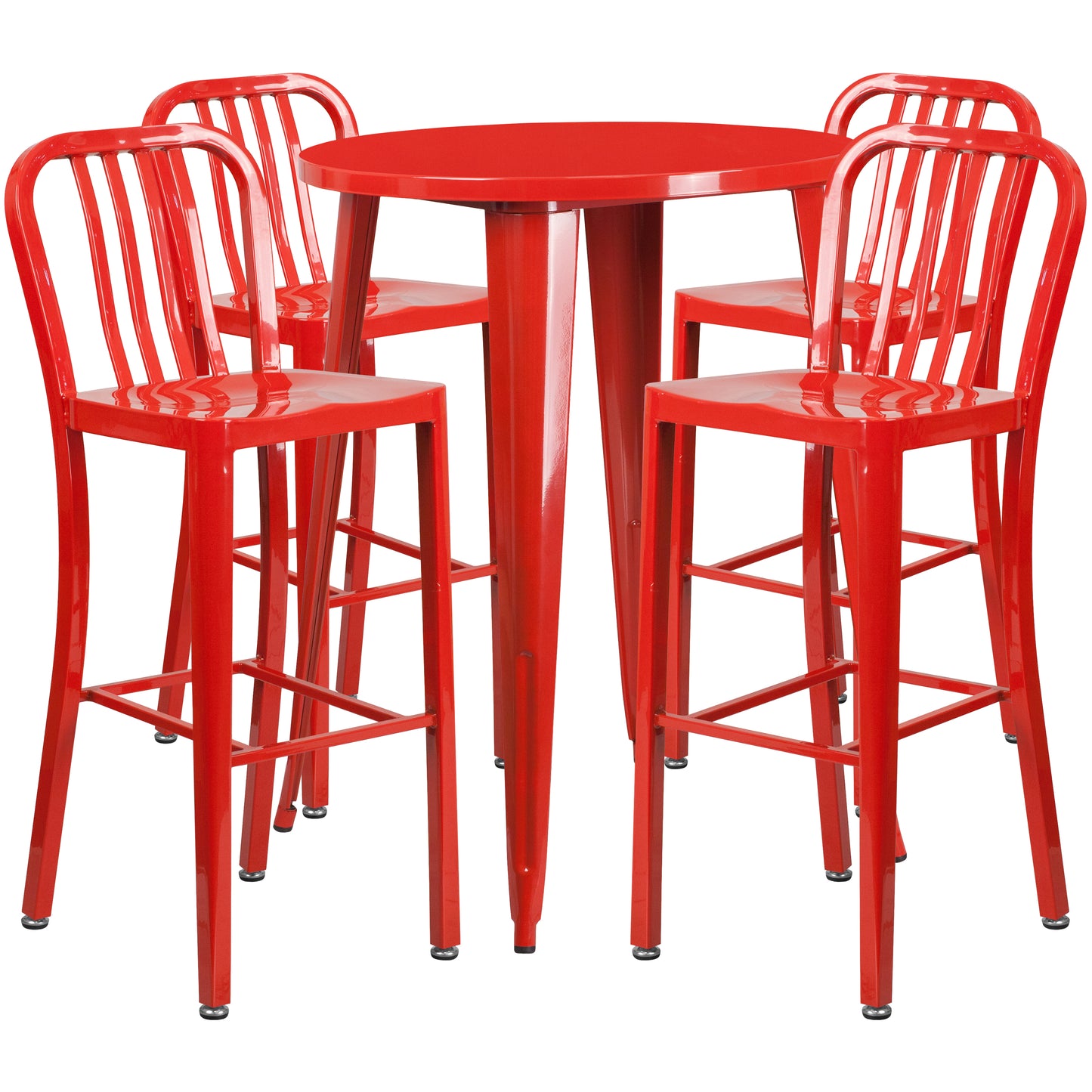 Tristan Commercial Grade 30" Round Red Metal Indoor-Outdoor Bar Table Set with 4 Vertical Slat Back Stools