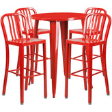 Tristan Commercial Grade 30" Round Red Metal Indoor-Outdoor Bar Table Set with 4 Vertical Slat Back Stools