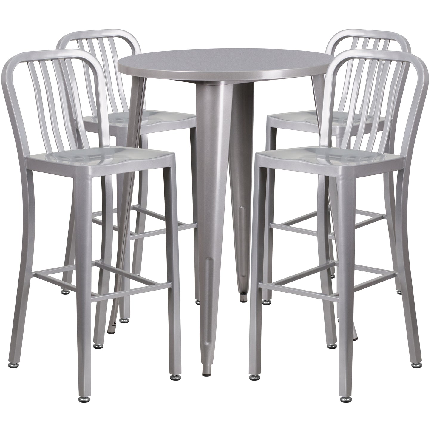 Tristan Commercial Grade 30" Round Silver Metal Indoor-Outdoor Bar Table Set with 4 Vertical Slat Back Stools