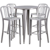 Tristan Commercial Grade 30" Round Silver Metal Indoor-Outdoor Bar Table Set with 4 Vertical Slat Back Stools
