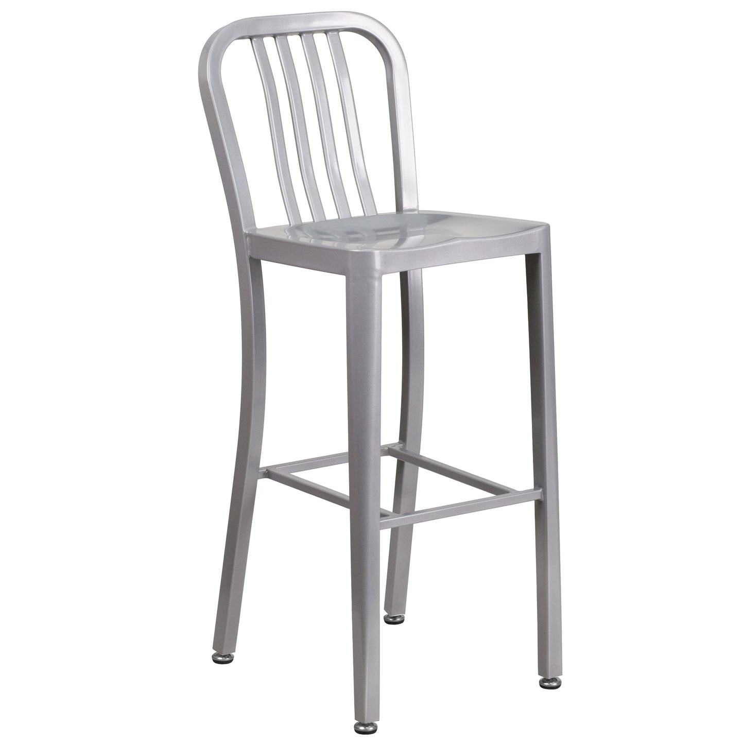 Tristan Commercial Grade 30" Round Silver Metal Indoor-Outdoor Bar Table Set with 4 Vertical Slat Back Stools