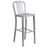Tristan Commercial Grade 30" Round Silver Metal Indoor-Outdoor Bar Table Set with 4 Vertical Slat Back Stools