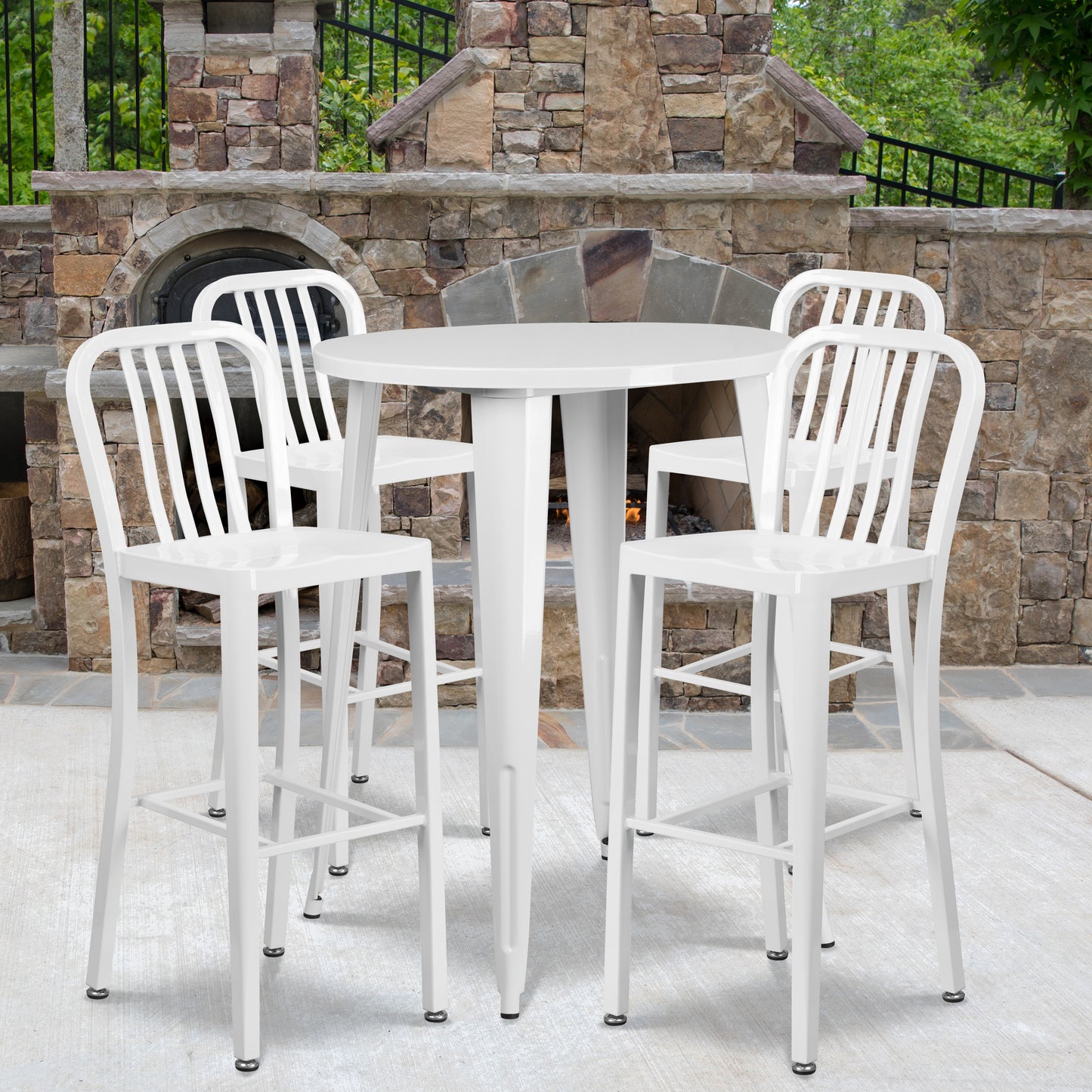 Tristan Commercial Grade 30" Round White Metal Indoor-Outdoor Bar Table Set with 4 Vertical Slat Back Stools