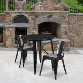 Conrad  Commercial Grade 30" Round Black Metal Indoor-Outdoor Table Set with 2 Arm Chairs