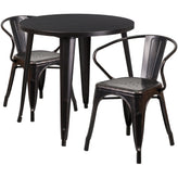 Conrad  Commercial Grade 30" Round Black-Antique Gold Metal Indoor-Outdoor Table Set with 2 Arm Chairs