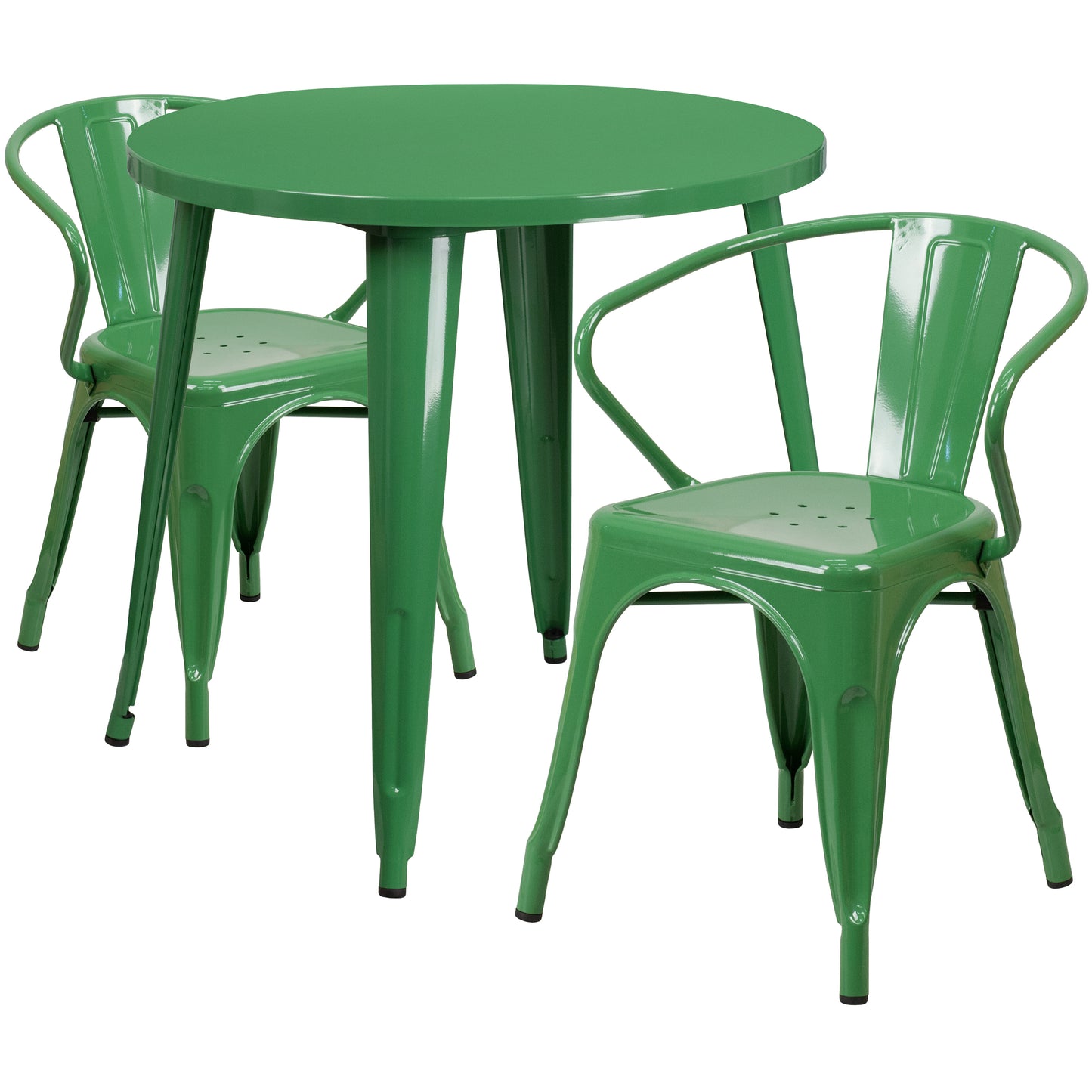 Conrad  Commercial Grade 30" Round Green Metal Indoor-Outdoor Table Set with 2 Arm Chairs