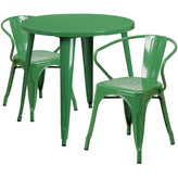 Conrad  Commercial Grade 30" Round Green Metal Indoor-Outdoor Table Set with 2 Arm Chairs