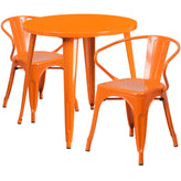 Conrad  Commercial Grade 30" Round Orange Metal Indoor-Outdoor Table Set with 2 Arm Chairs