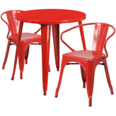 Conrad  Commercial Grade 30" Round Red Metal Indoor-Outdoor Table Set with 2 Arm Chairs