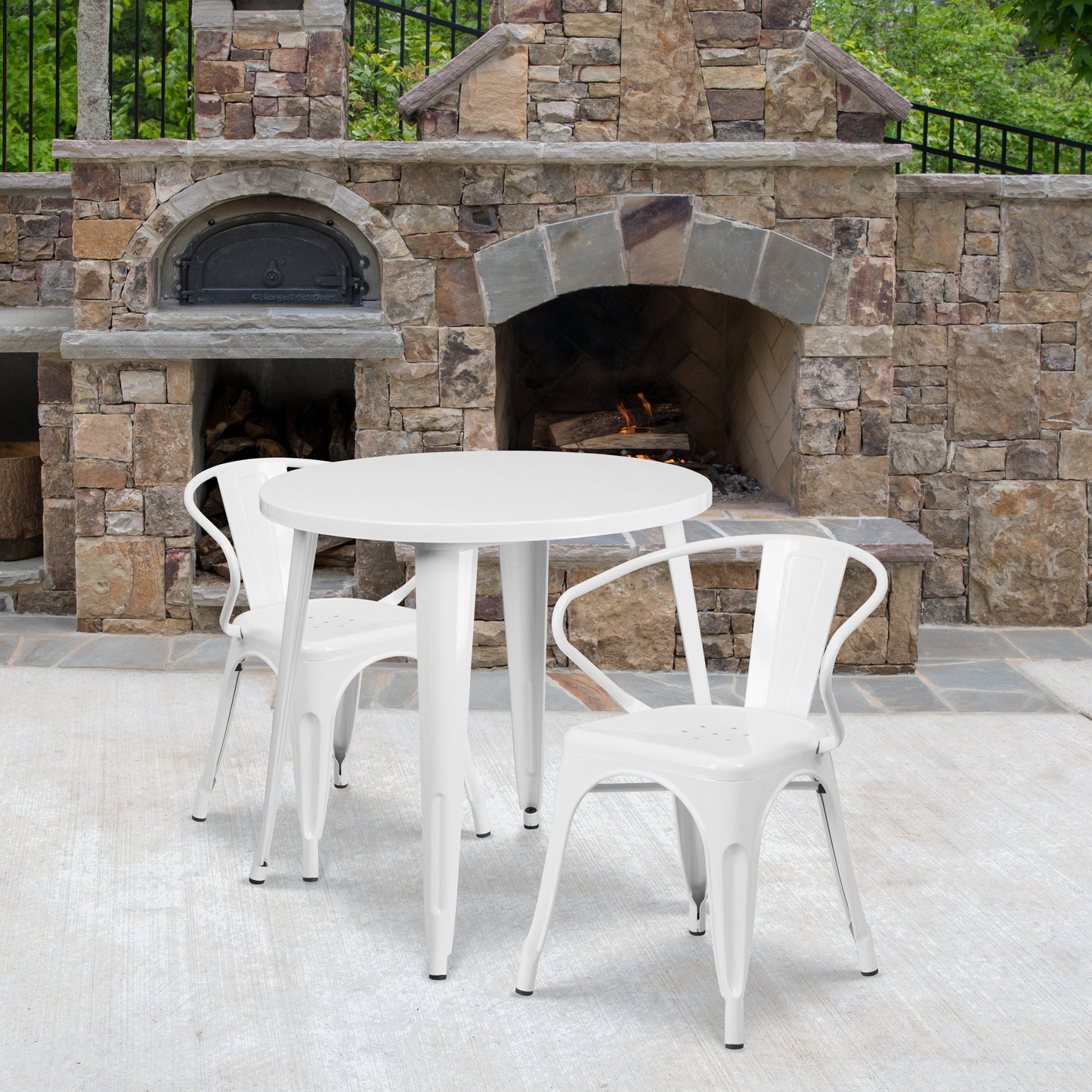 Conrad  Commercial Grade 30" Round White Metal Indoor-Outdoor Table Set with 2 Arm Chairs