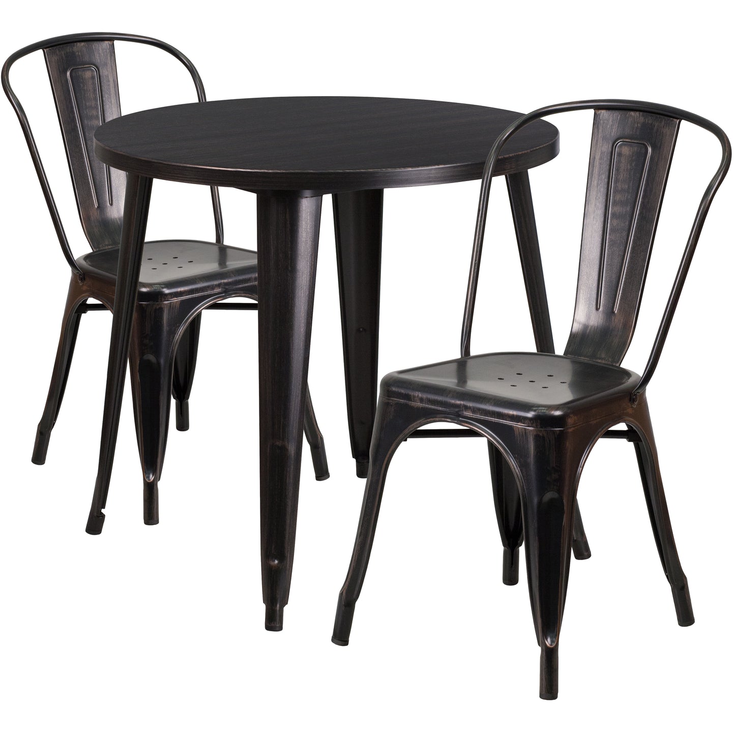 Baker Commercial Grade 30" Round Black-Antique Gold Metal Indoor-Outdoor Table Set with 2 Cafe Chairs