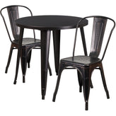 Baker Commercial Grade 30" Round Black-Antique Gold Metal Indoor-Outdoor Table Set with 2 Cafe Chairs