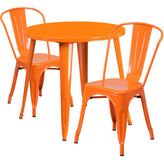 Baker Commercial Grade 30" Round Orange Metal Indoor-Outdoor Table Set with 2 Cafe Chairs