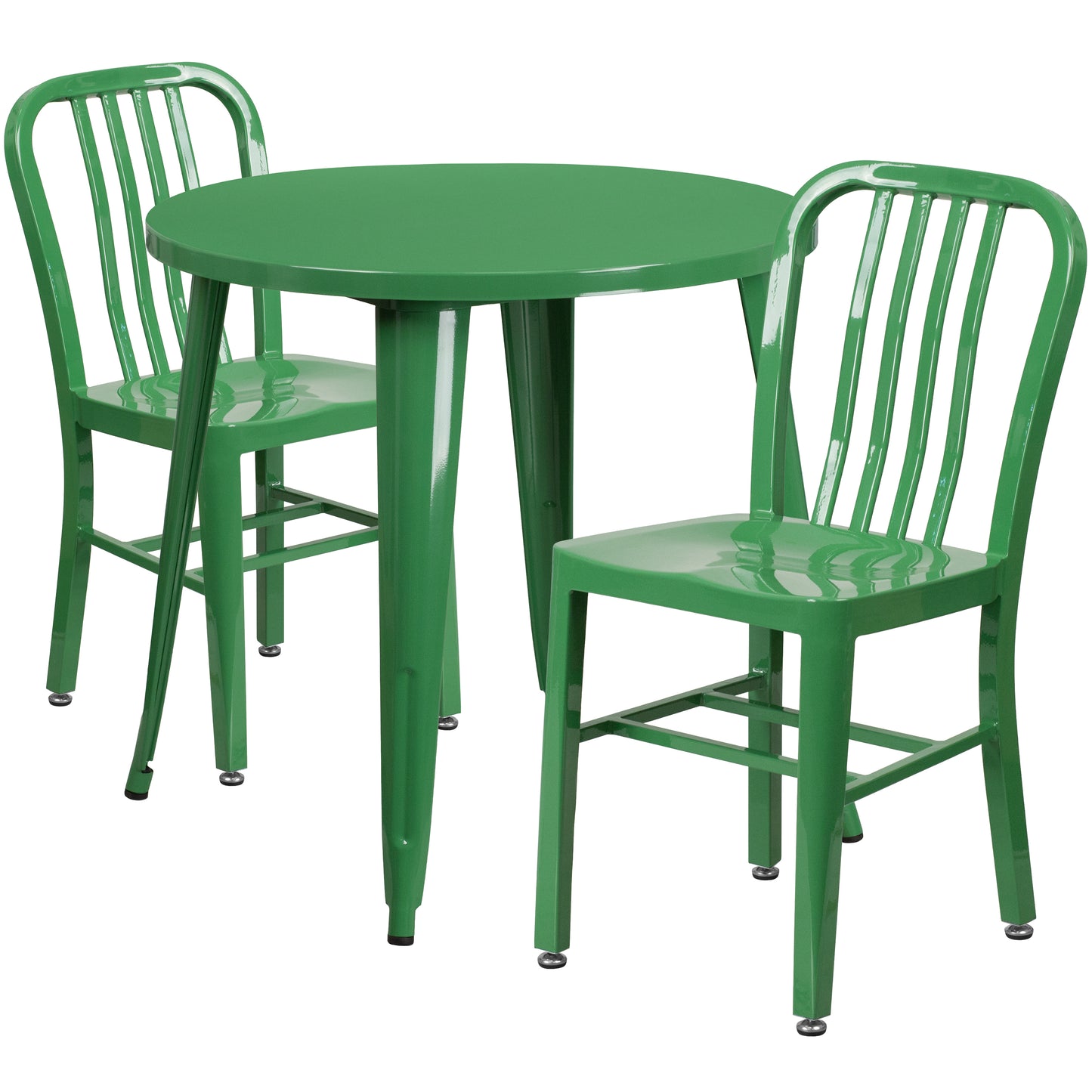 Craig Commercial Grade 30" Round Green Metal Indoor-Outdoor Table Set with 2 Vertical Slat Back Chairs