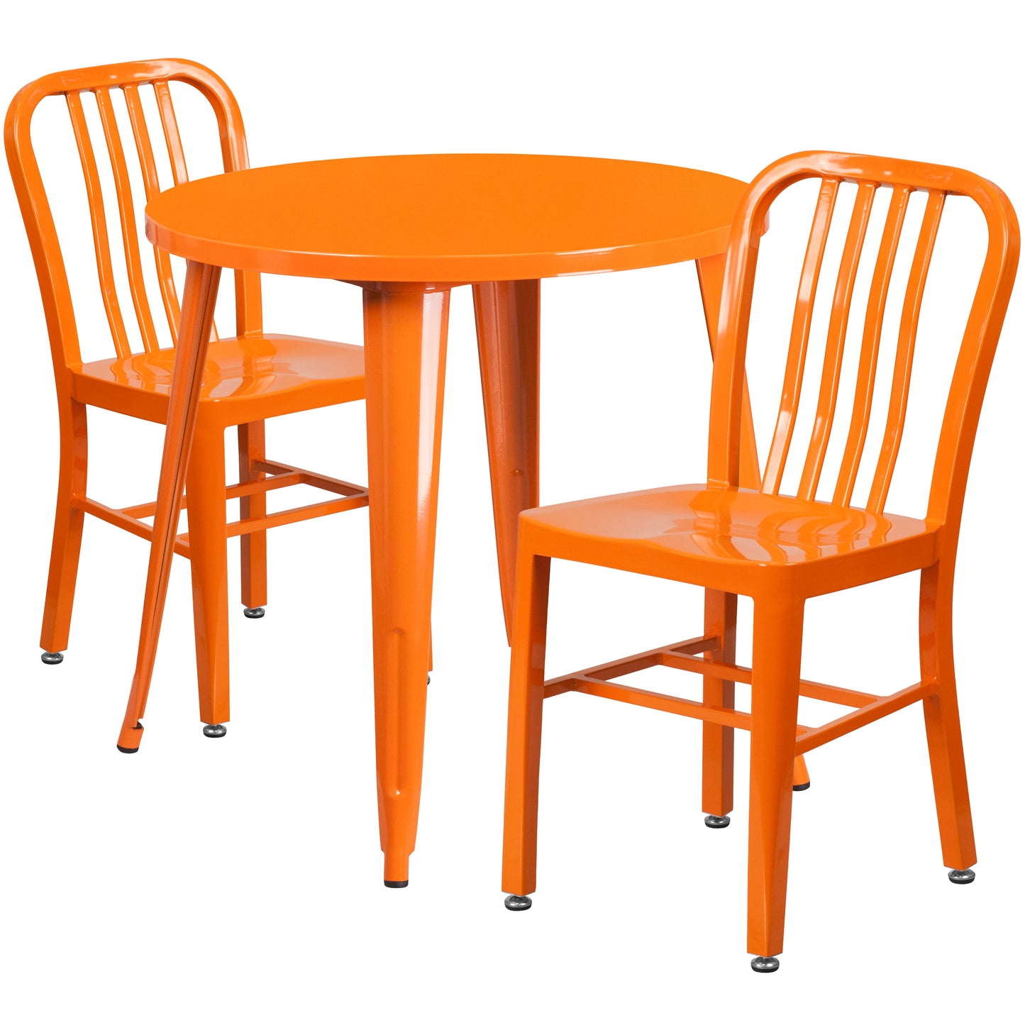 Craig Commercial Grade 30" Round Orange Metal Indoor-Outdoor Table Set with 2 Vertical Slat Back Chairs