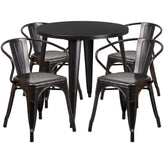 Cory Commercial Grade 30" Round Black-Antique Gold Metal Indoor-Outdoor Table Set with 4 Arm Chairs