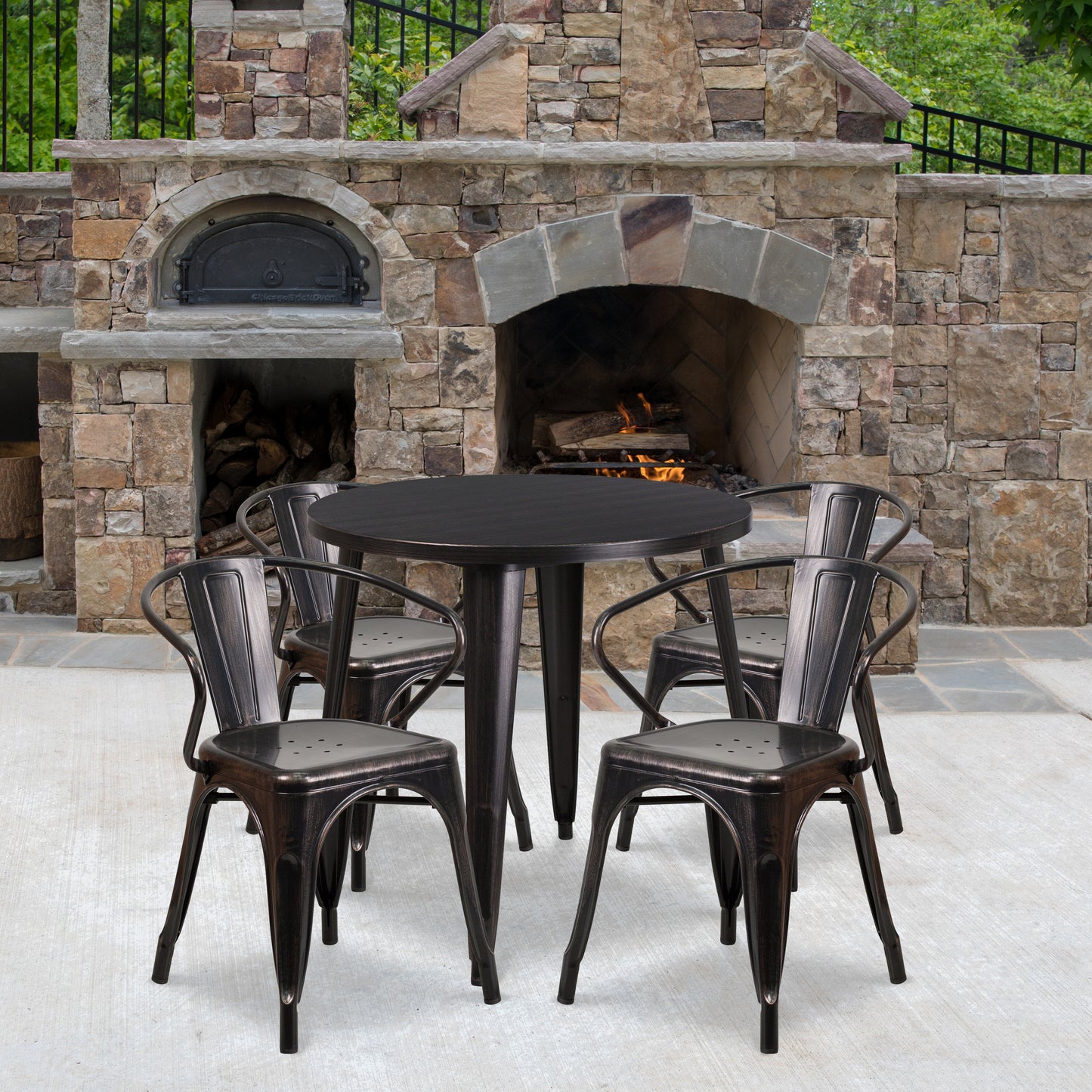 Cory Commercial Grade 30" Round Black-Antique Gold Metal Indoor-Outdoor Table Set with 4 Arm Chairs