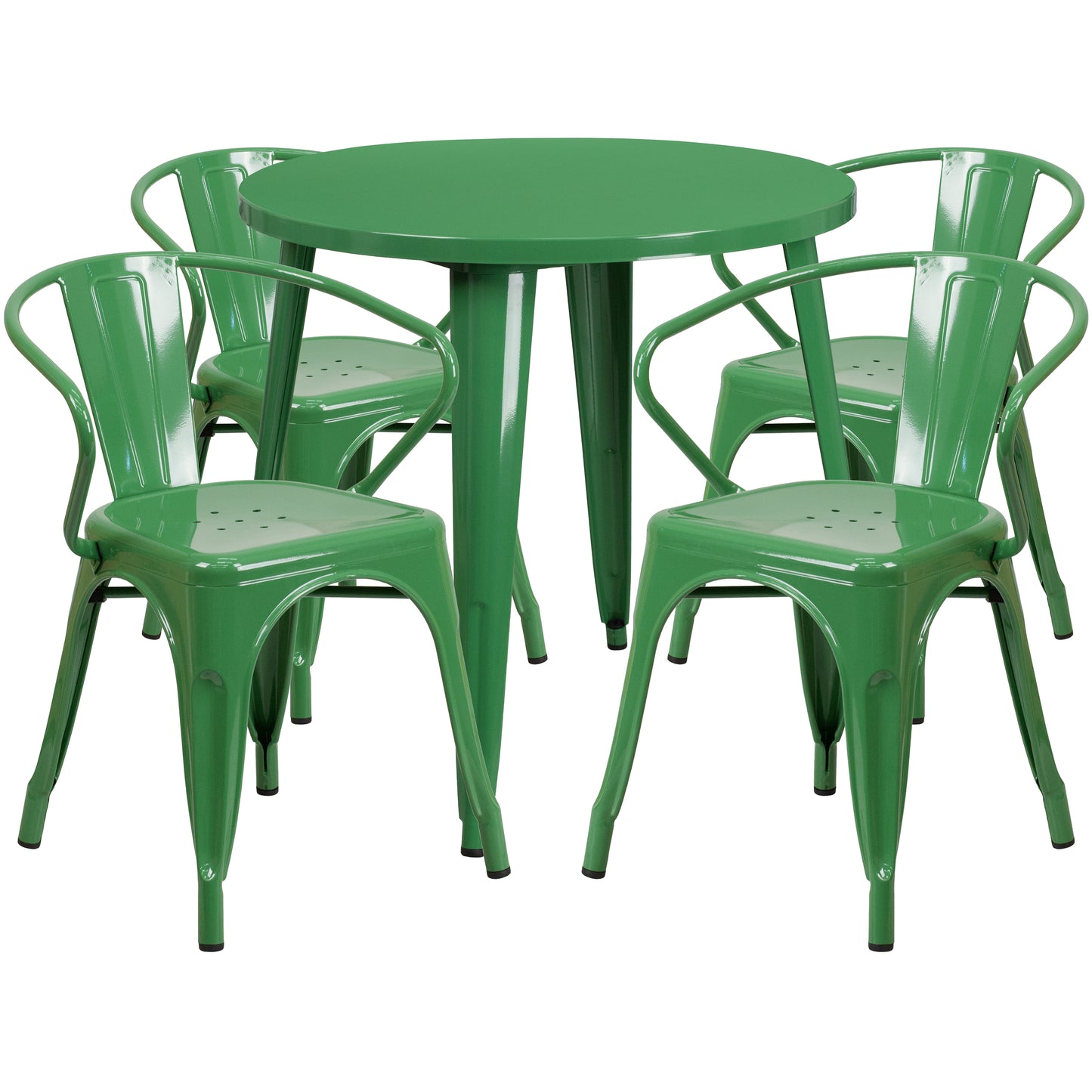 Cory Commercial Grade 30" Round Green Metal Indoor-Outdoor Table Set with 4 Arm Chairs