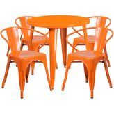 Cory Commercial Grade 30" Round Orange Metal Indoor-Outdoor Table Set with 4 Arm Chairs
