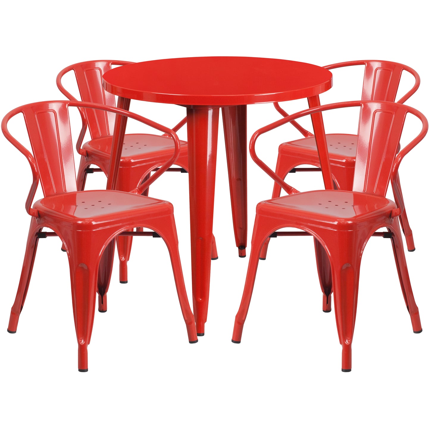 Cory Commercial Grade 30" Round Red Metal Indoor-Outdoor Table Set with 4 Arm Chairs