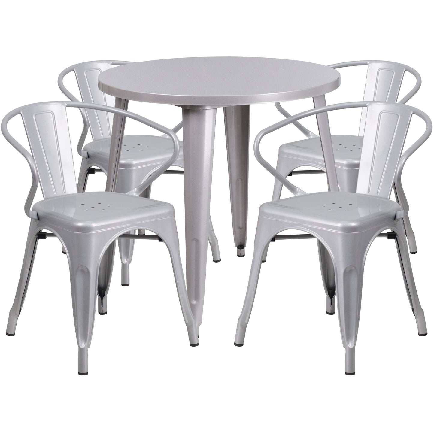 Cory Commercial Grade 30" Round Silver Metal Indoor-Outdoor Table Set with 4 Arm Chairs