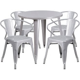 Cory Commercial Grade 30" Round Silver Metal Indoor-Outdoor Table Set with 4 Arm Chairs