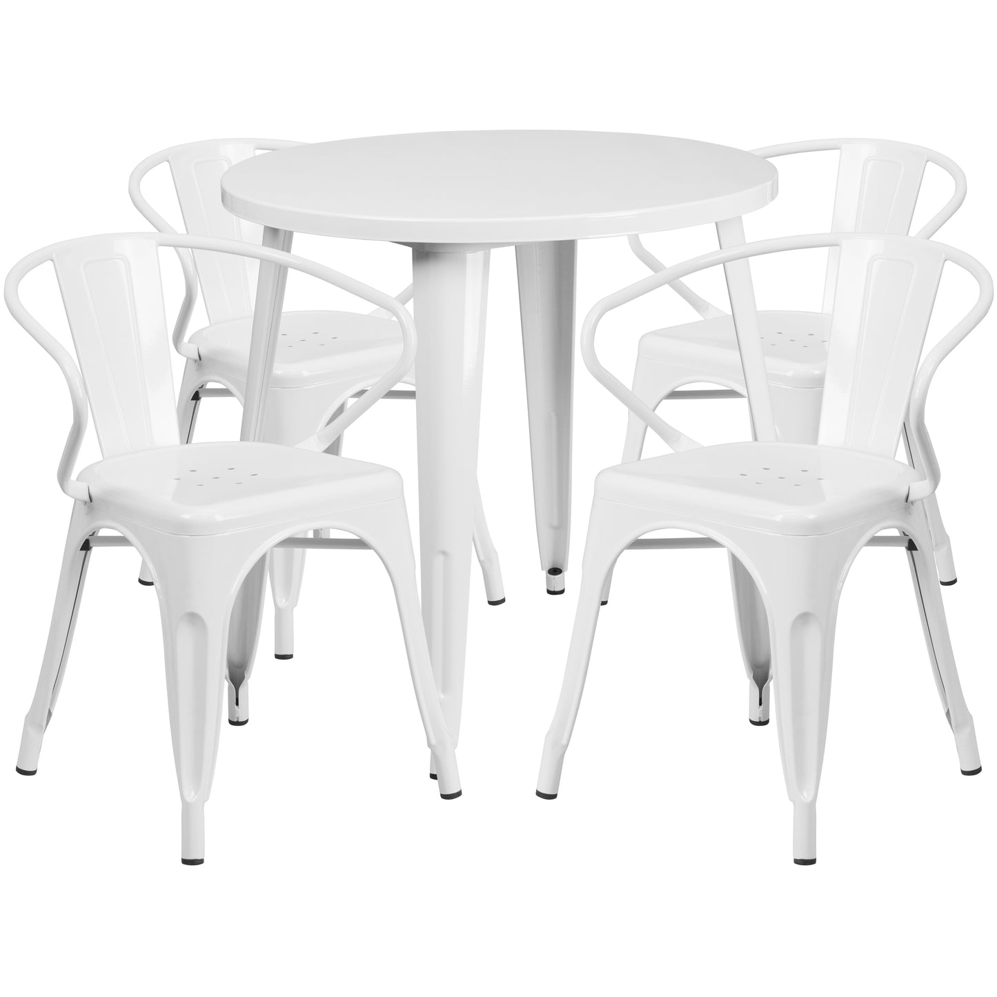 Cory Commercial Grade 30" Round White Metal Indoor-Outdoor Table Set with 4 Arm Chairs