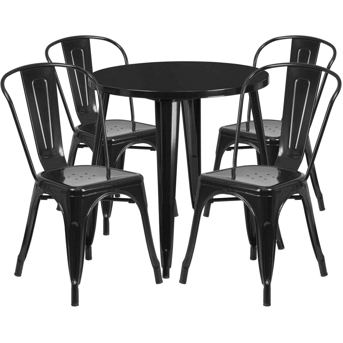 Dalton Commercial Grade 30" Round Black Metal Indoor-Outdoor Table Set with 4 Cafe Chairs